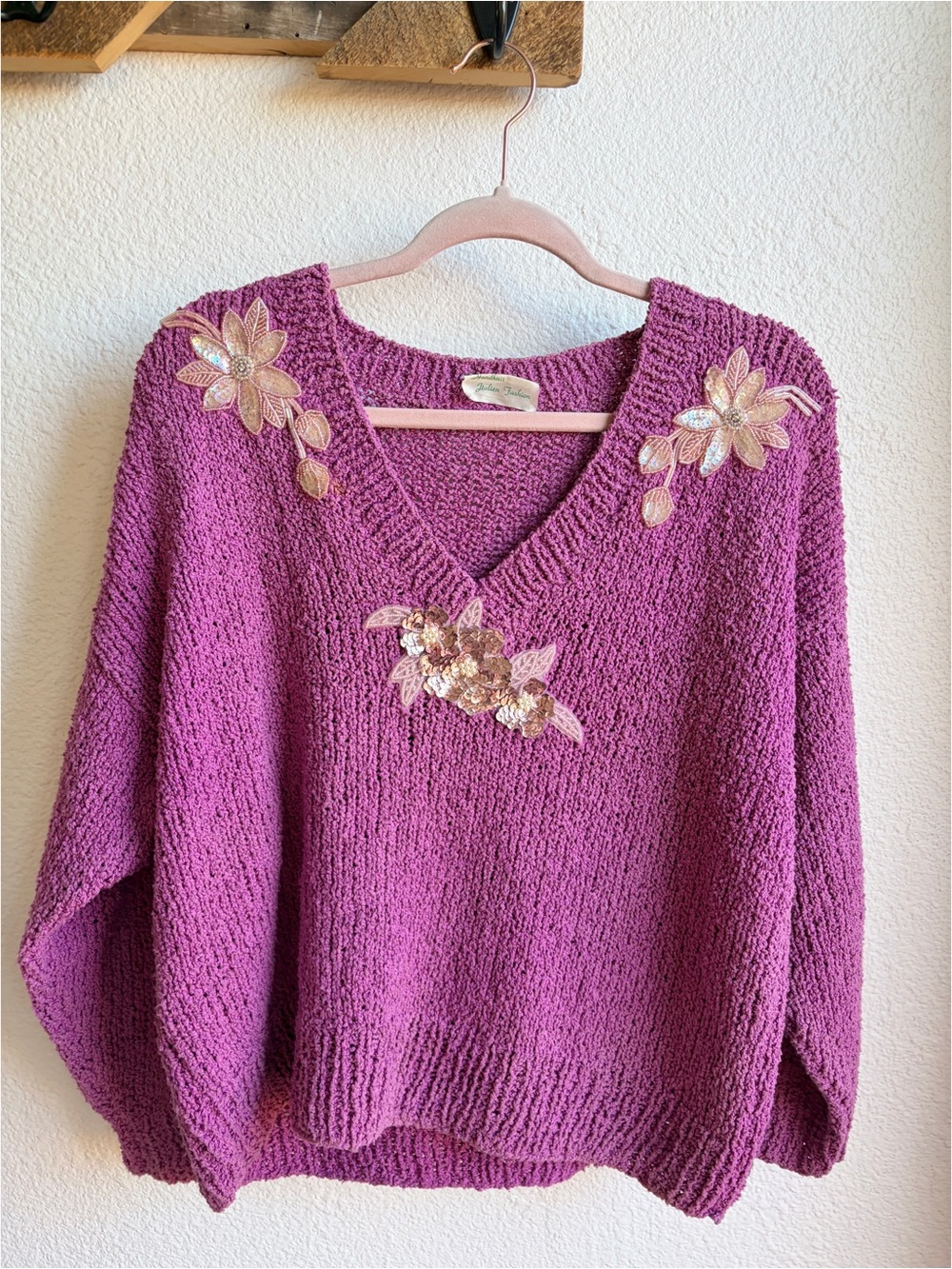 Vintage 80s Purple Textured Sequin Flower Sweater